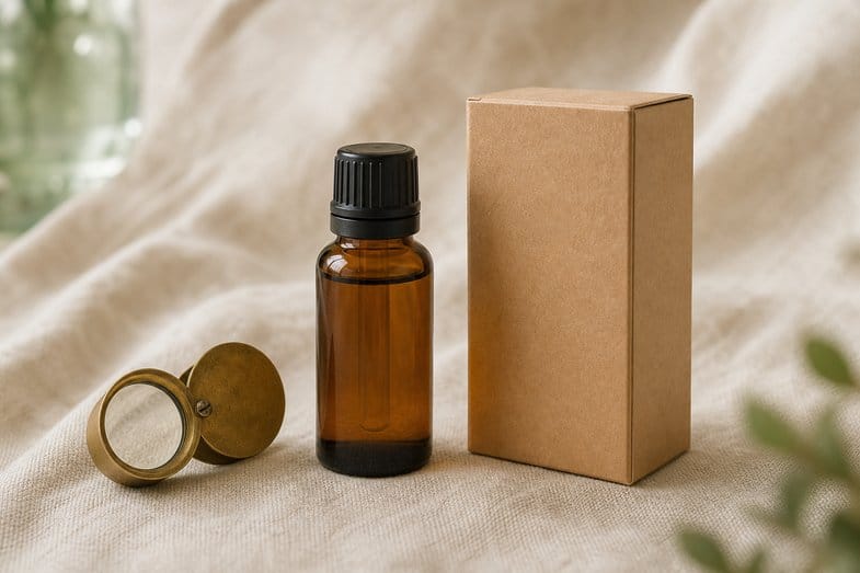cbd-oil-label-symbols-detail A CBD oil bottle and a small box beside a brass loupe on cream linen