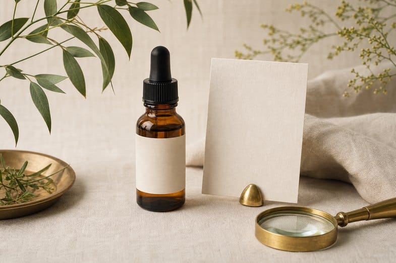 cbd-oil-liquid-format-detail A sealed amber CBD oil bottle with a blank label beside a blank card and a brass loupe on cream linen