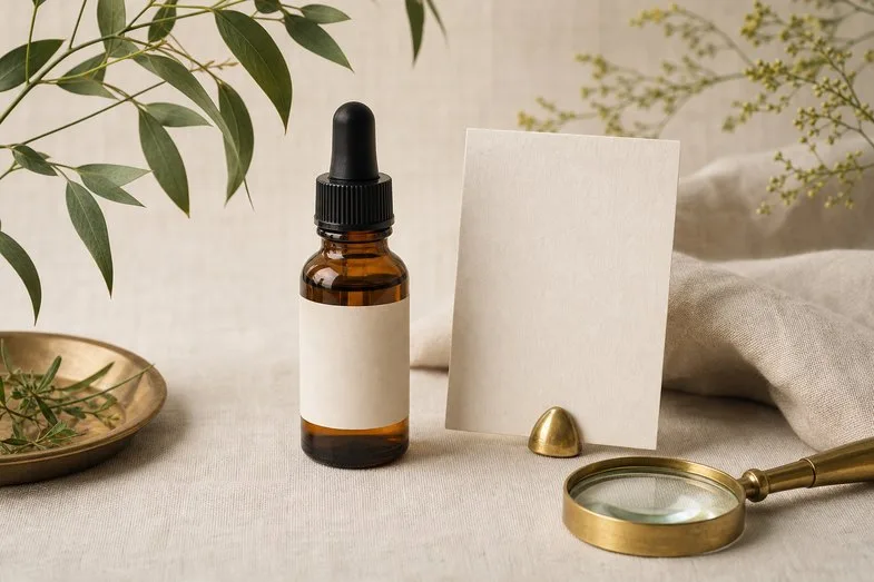 A sealed amber CBD oil bottle with a blank label beside a blank card and a brass loupe on cream linen