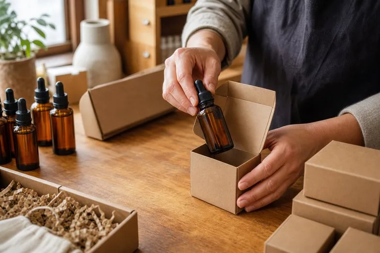 Hands placing an amber CBD oil bottle into a kraft box at a packing bench with more boxes and bottles