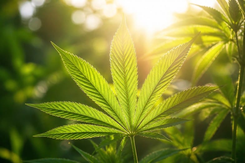 Bright sunlight streaming through a translucent green hemp leaf with glowing veins and soft bokeh