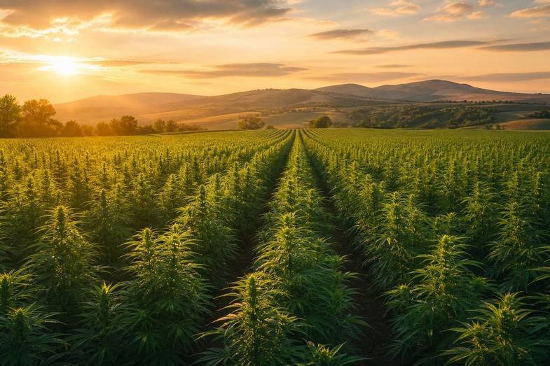 cbd-oil-vs-cbd-flower-detail A lush green industrial hemp field stretching to the horizon at golden hour with rolling hills