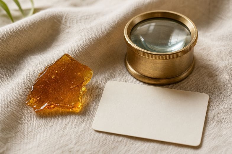 cbd-shatter-detail A translucent amber shard of CBD shatter beside a brass loupe and a blank product card on cream linen