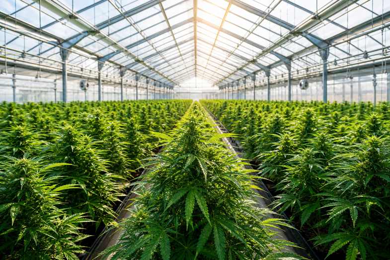 Long rows of green hemp plants growing under glass in a bright modern greenhouse