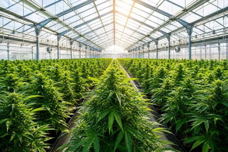 hemp-flower-genetics-glossary-detail Long rows of green hemp plants growing under glass in a bright modern greenhouse