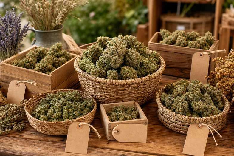 CBD hemp flower buds of different sizes in woven baskets and wooden crates with kraft tags at a rustic farm-shop display