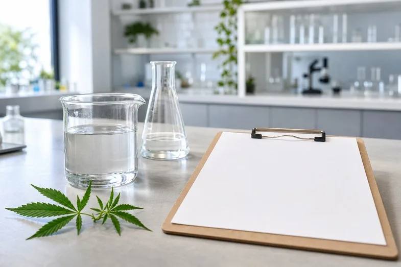 hemp-product-policy-wording-detail Clean laboratory glassware and a blank clipboard beside a fresh hemp leaf sprig on a bright research bench