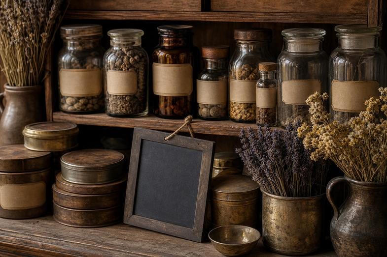 old-cannabis-and-old-hash-detail A vintage apothecary shelf of glass jars with blank labels, metal tins and dried botanicals beside a blank chalkboard