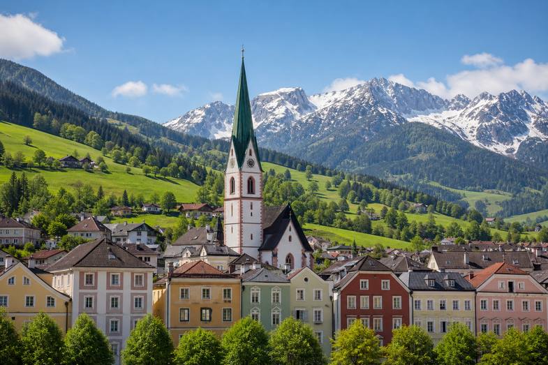 A charming Austrian alpine town with a church spire, pastel houses, green hills and snowy mountains