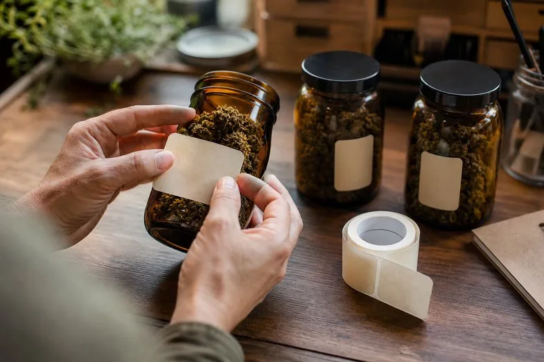 cbd-flower-batch-number-documents Hands placing a blank label on an amber jar of dried CBD hemp flower beside more sealed jars on a workshop bench