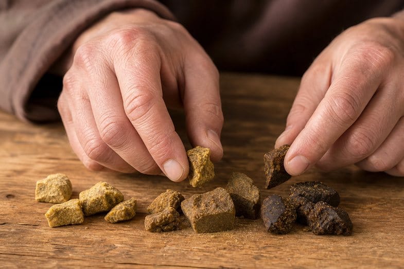 Hands sorting pieces of CBD hash of different shades from pale to dark on a wooden surface