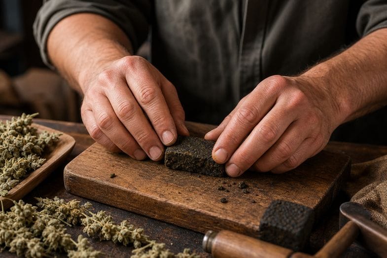 cbd-hash-product-description-documents Hands pressing and shaping a piece of dark CBD hash on a wooden board in an artisan workshop