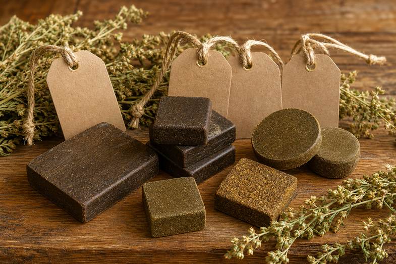 Pressed CBD hash blocks of different shapes with blank kraft name tags and twine on a wooden table