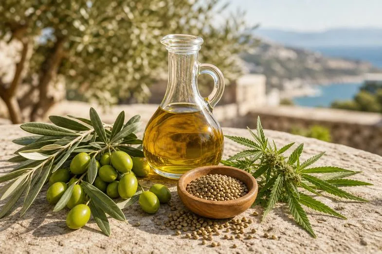 cbd-oil-carrier-oils-documents A glass cruet of golden oil with green olives, hemp seeds and a hemp sprig on a sunlit Mediterranean stone terrace