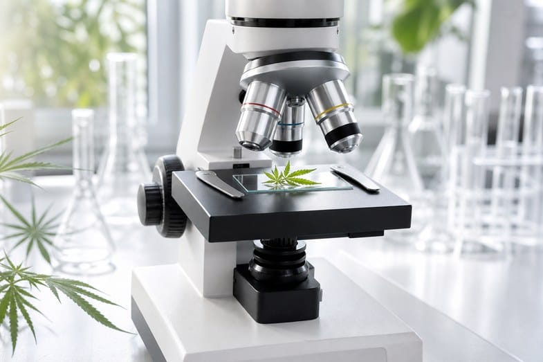 cbd-oil-coa-fields-documents A laboratory microscope with a green hemp leaf sample on a slide under the lens in a bright lab