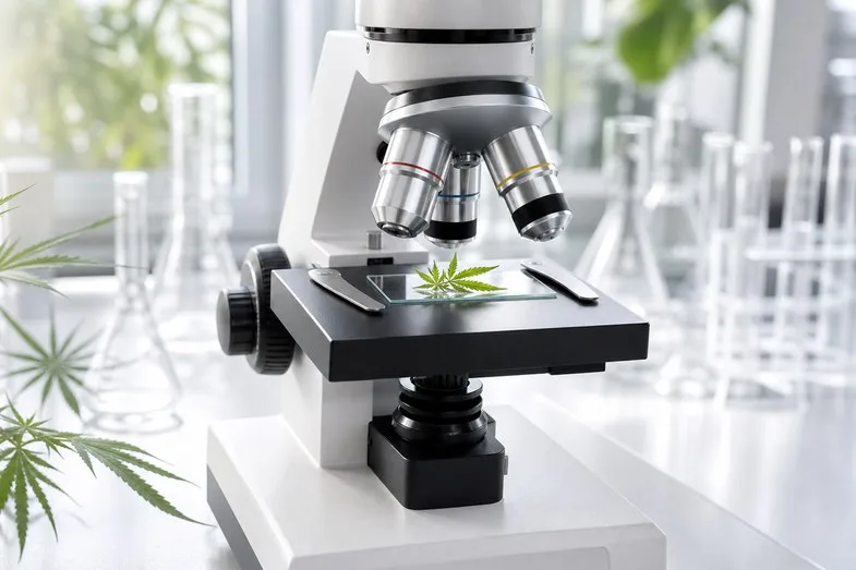 A laboratory microscope with a green hemp leaf sample on a slide under the lens in a bright lab