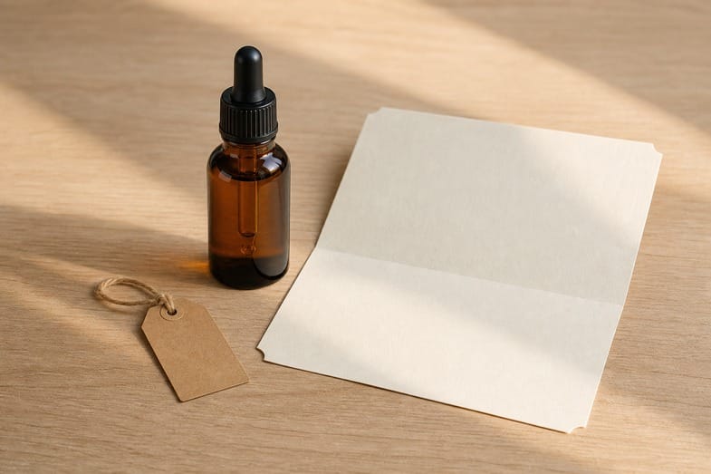 A sealed amber CBD oil bottle beside a blank kraft tag and a blank folded sheet on a light wooden desk