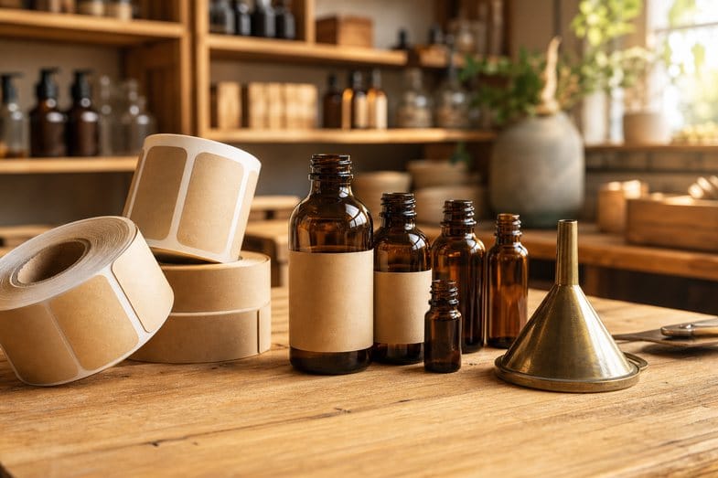 cbd-oil-product-labels-documents Rolls of blank kraft labels, amber CBD oil bottles and a brass funnel on a wooden workshop bench