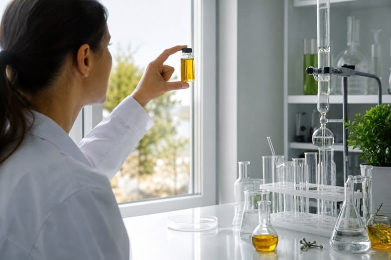 A researcher in a white coat holding a vial of clear golden CBD oil up to window light to check its clarity