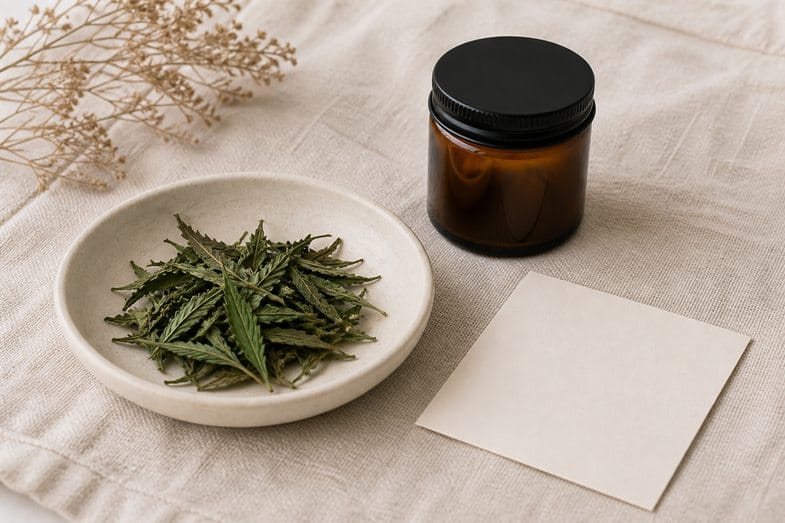 A dish of loose trimmed hemp leaf offcuts beside a sealed amber jar and a blank card on cream linen