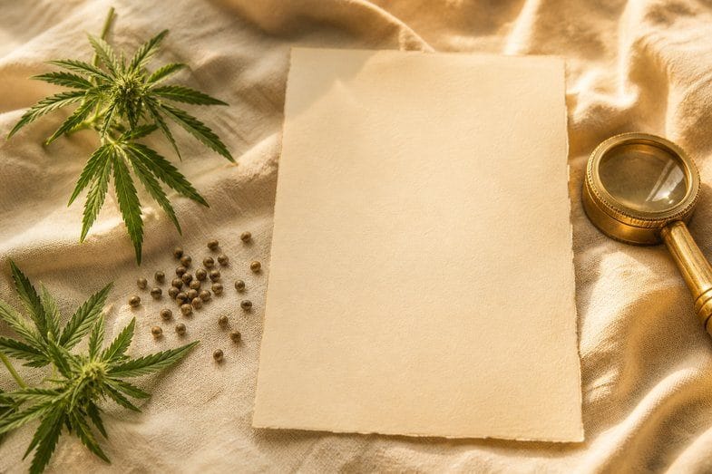 Blank botanical certificate sheet beside hemp sprigs, a few seeds and a brass loupe on cream linen