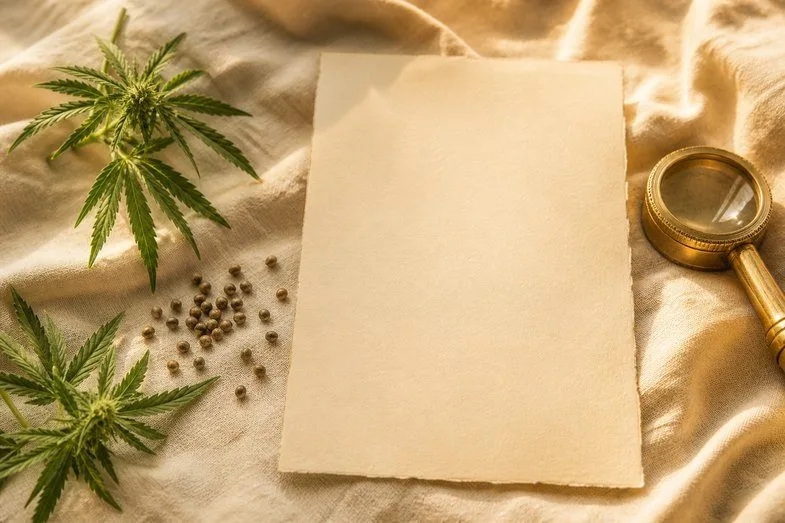 hemp-flower-genetics-glossary-documents Blank botanical certificate sheet beside hemp sprigs, a few seeds and a brass loupe on cream linen