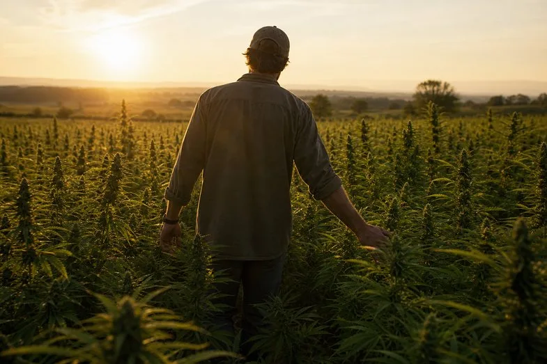 hemp-flower-selection-checklist-documents A farmer seen from behind walking through a tall green hemp field at golden hour, brushing the plant tops