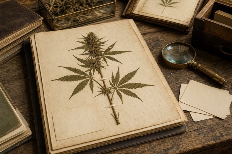 hemp-plant-compounds-glossary-documents A pressed hemp plant specimen on aged paper beside a brass magnifier and blank index cards on a wooden archive table