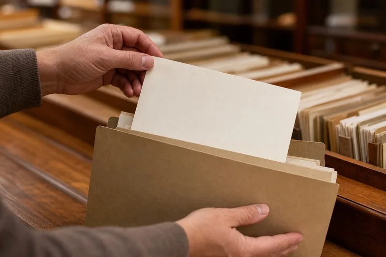 hemp-product-policy-wording-documents Hands filing a blank document into a labelled folder on a wooden archive desk with rows of files behind