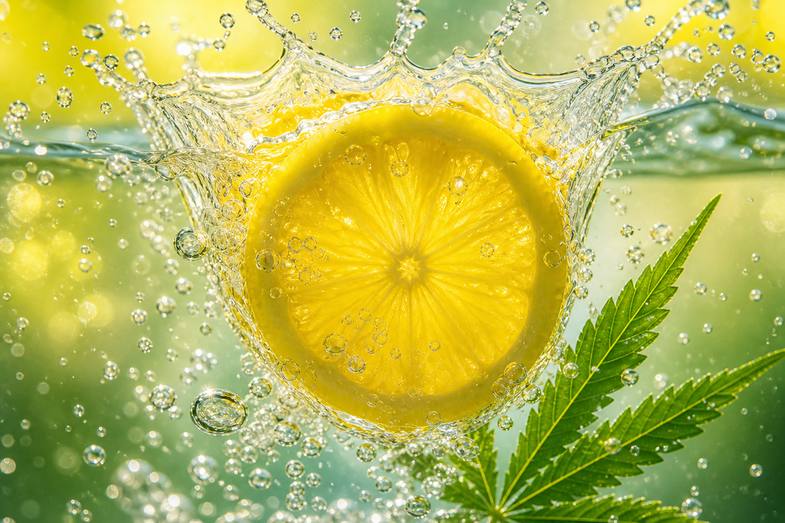 A slice of fresh lemon splashing into sparkling water with flying droplets and a green hemp leaf