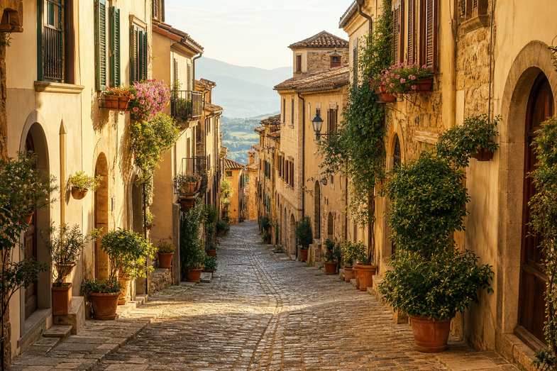 A picturesque European old-town cobbled street with historic facades, flower boxes and golden morning light