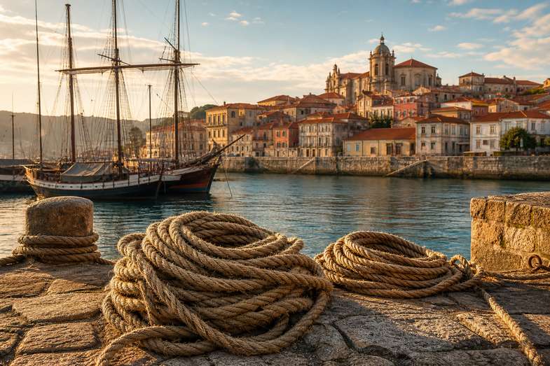 Coiled natural hemp ropes on a stone quay before a historic European harbour with a sailing ship
