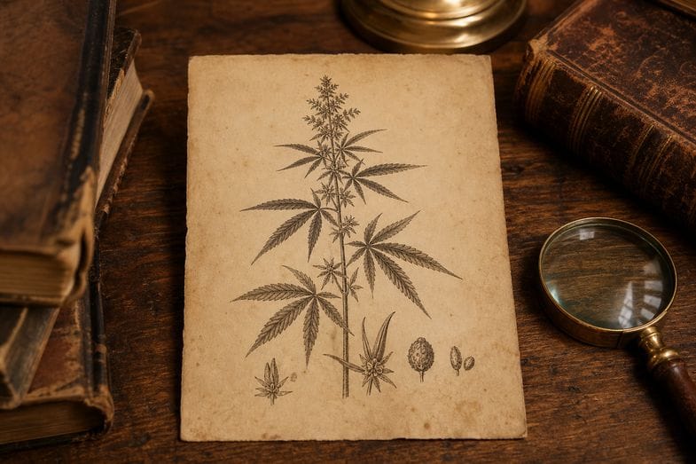what-is-cannabis-flos-documents An antique botanical engraving of a hemp plant on aged paper beside old leather books and a brass magnifying glass