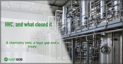 Justbob HHC banner with green title beside stainless steel reaction vessels and pipework in an industrial plant