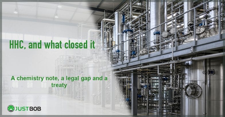 hhc-vs-thc Justbob HHC banner with green title beside stainless steel reaction vessels and pipework in an industrial plant