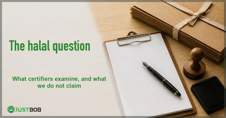 is-cbd-halal Justbob halal banner with green title beside a clipboard of blank forms, a fountain pen and a rubber stamp