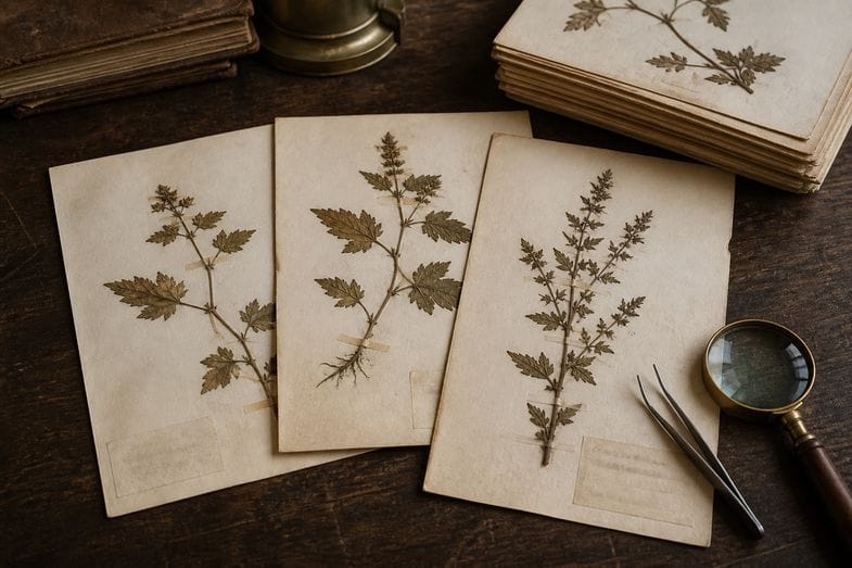 cbd-vs-cbda-herbarium Aged herbarium sheets with pressed dried plant specimens taped to cream paper, beside forceps and a magnifier