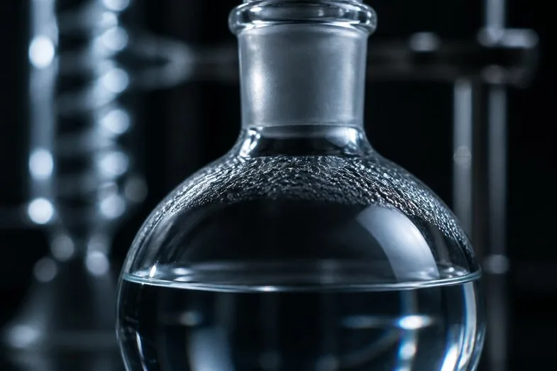 hhc-vs-thc-glassware-macro Macro of a round-bottomed glass flask holding clear liquid, with fine condensation beads across its shoulder