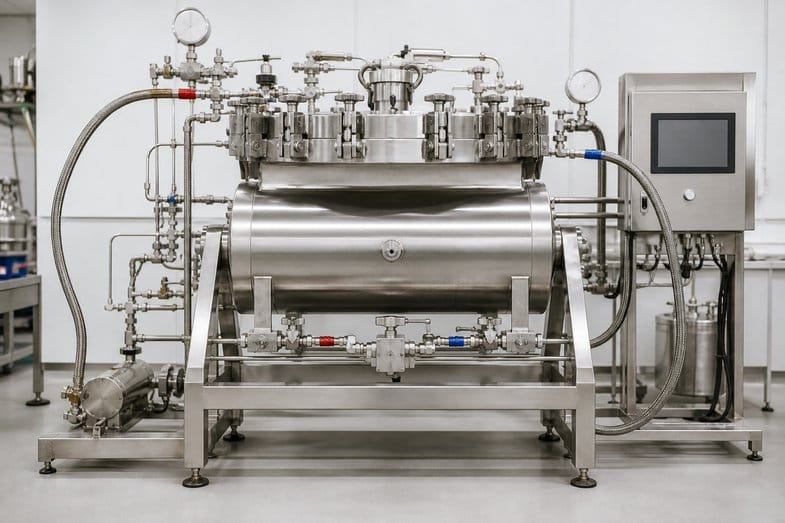 is-cbd-halal-co2-extraction A stainless steel supercritical CO2 extraction unit with clamped vessel, piping and a blank control panel