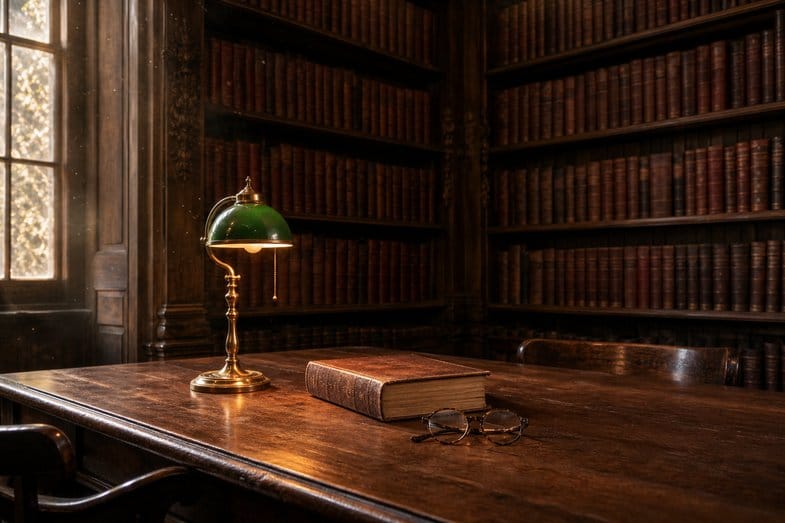 is-weed-legal-in-cyprus-law-library A green shaded brass lamp lit on a wooden reading table before wall to ceiling shelves of leather bound volumes