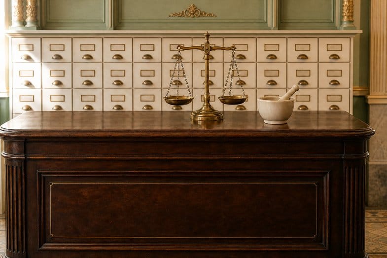 is-weed-legal-in-poland-pharmacy-counter A traditional pharmacy counter in dark wood before a wall of cream apothecary drawers with brass handles