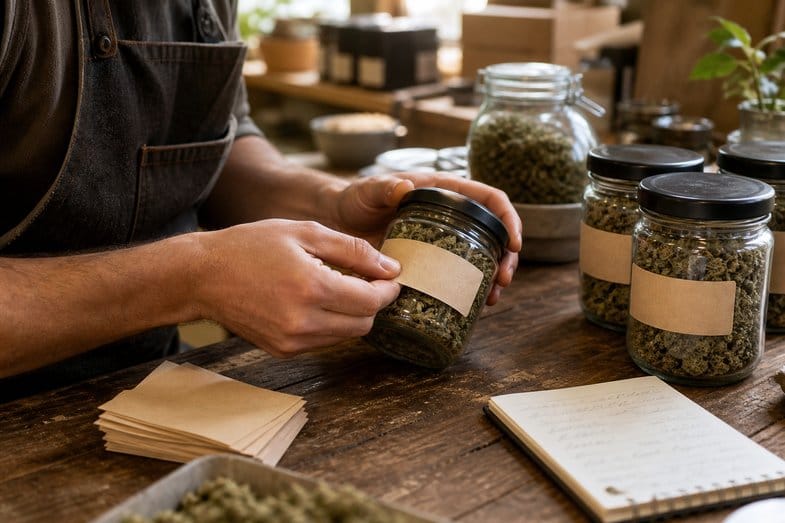 pgr-weed-labelling-bench Adult hands smoothing a blank paper label onto a glass jar of dried hemp flower at a wooden packing bench
