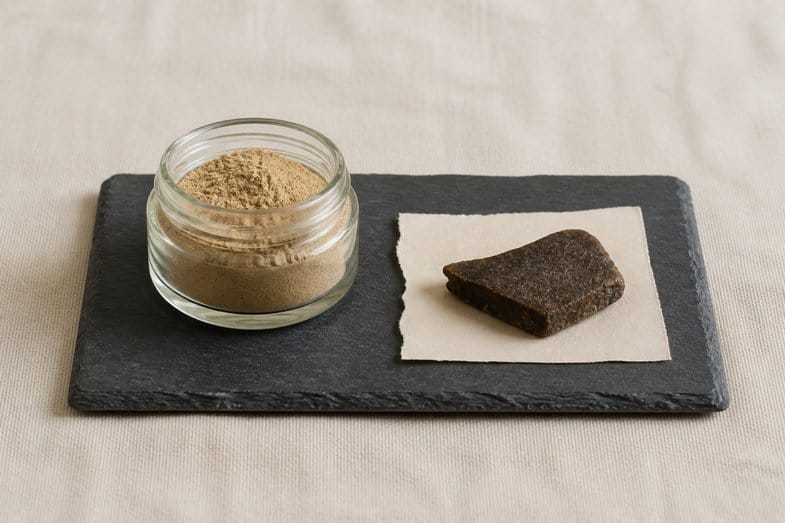 dry-sift-hash-jar-still-life An open glass jar of sandy blond resin powder beside a pressed dark brown slab on paper, on a slate tile