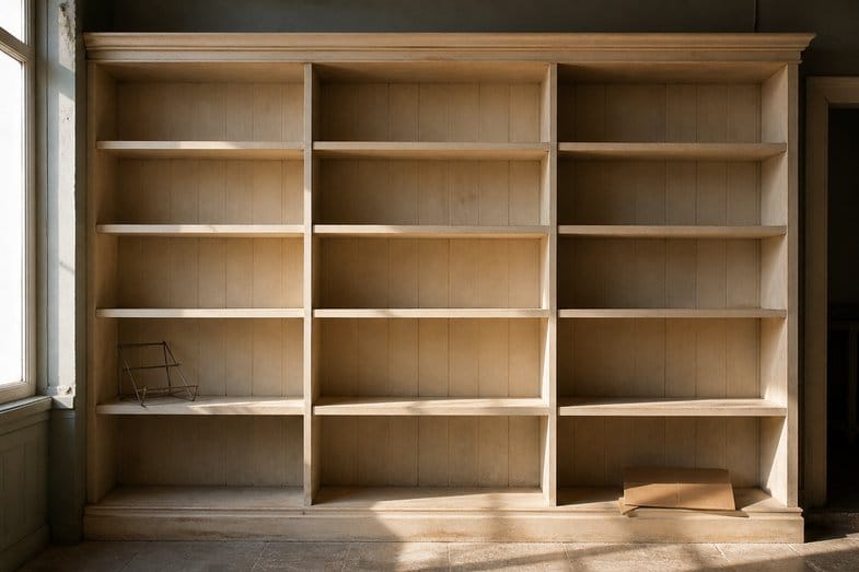 hhc-vs-thc-empty-shelf A tall pale wooden shelving unit of three empty columns, lit from a side window, a folded carton below