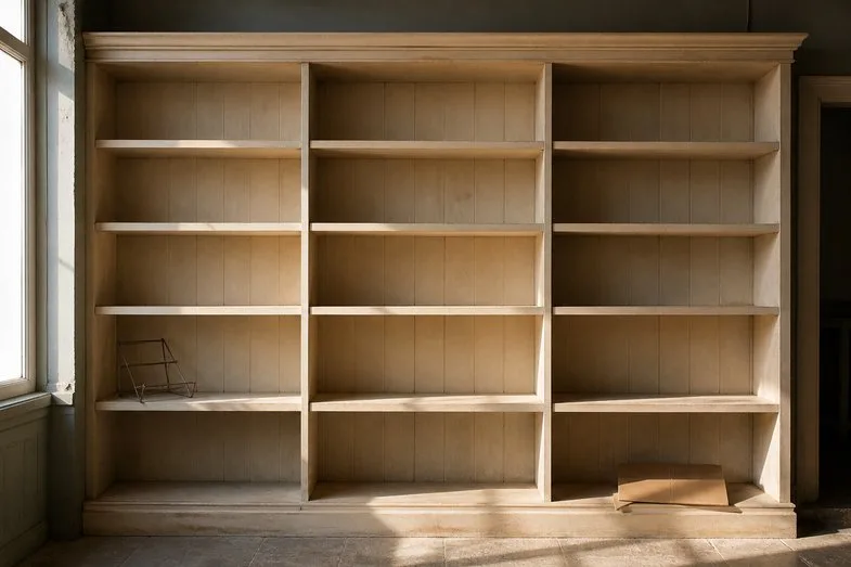 hhc-vs-thc-empty-shelf A tall pale wooden shelving unit of three empty columns, lit from a side window, a folded carton below