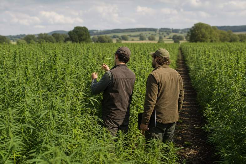 is-cbd-halal-hemp-field-workers Two adult farm workers seen from behind walking between rows of tall green hemp, one gesturing at the crop