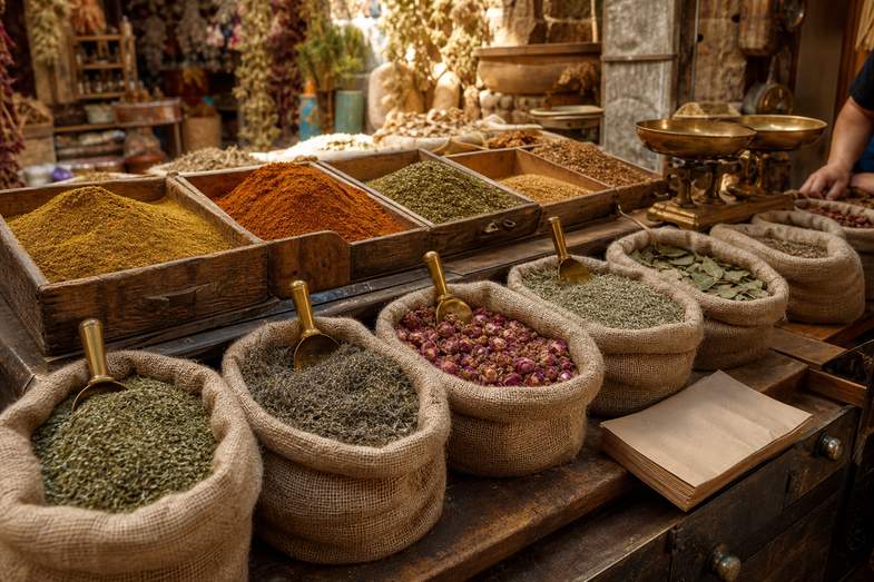 is-weed-legal-in-cyprus-market-stall Hessian sacks of dried herbs, rose buds and spices with brass scoops on a market counter beside balance scales