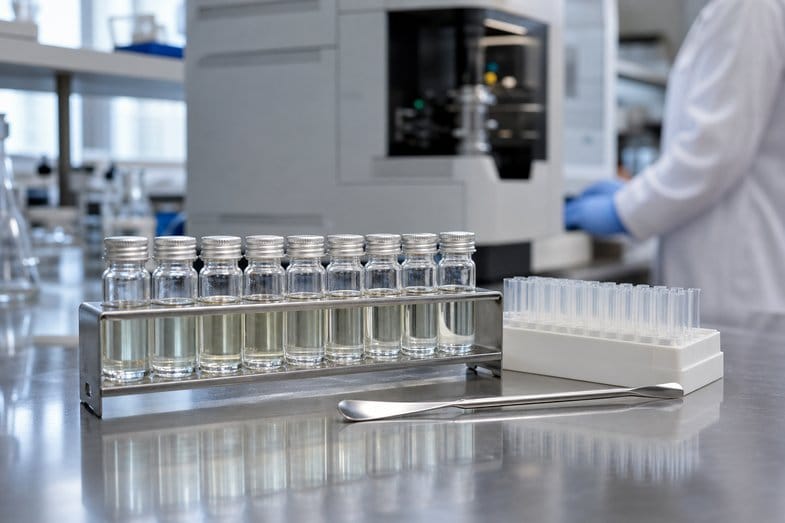 pgr-weed-analytical-laboratory A rack of clear capped glass vials holding pale liquid on a steel laboratory bench, with pipette tips alongside