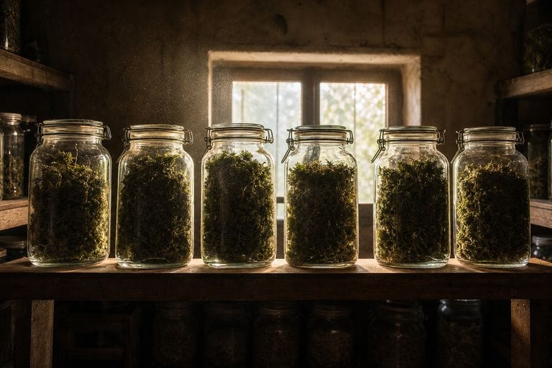 Six clamp-lid glass jars of dried green herbal material on a wooden shelf, backlit by a small window