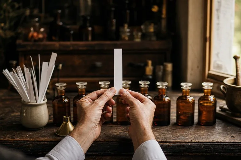 what-is-geraniol-perfumery-bench Adult hands holding a blank paper smelling strip above a row of amber glass bottles on a wooden bench